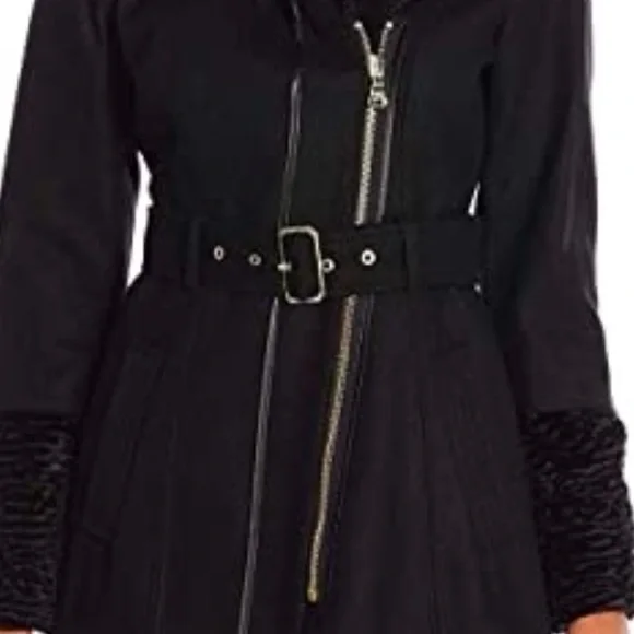 (NWT) GUESS Women’s Wool-Blend Faux-Fur-Trim Belted Coat, XS